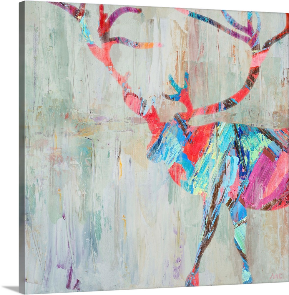 Contemporary painting of a colorful silhouette of a stag with a large rack of antlers.