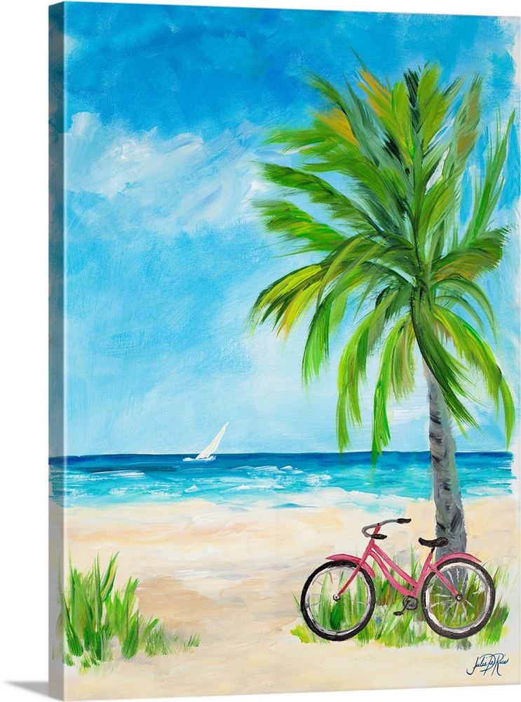 Contemporary painting of a red bicycle leaning up against a palm tree on a sandy beach with a white sailboat in the distance.