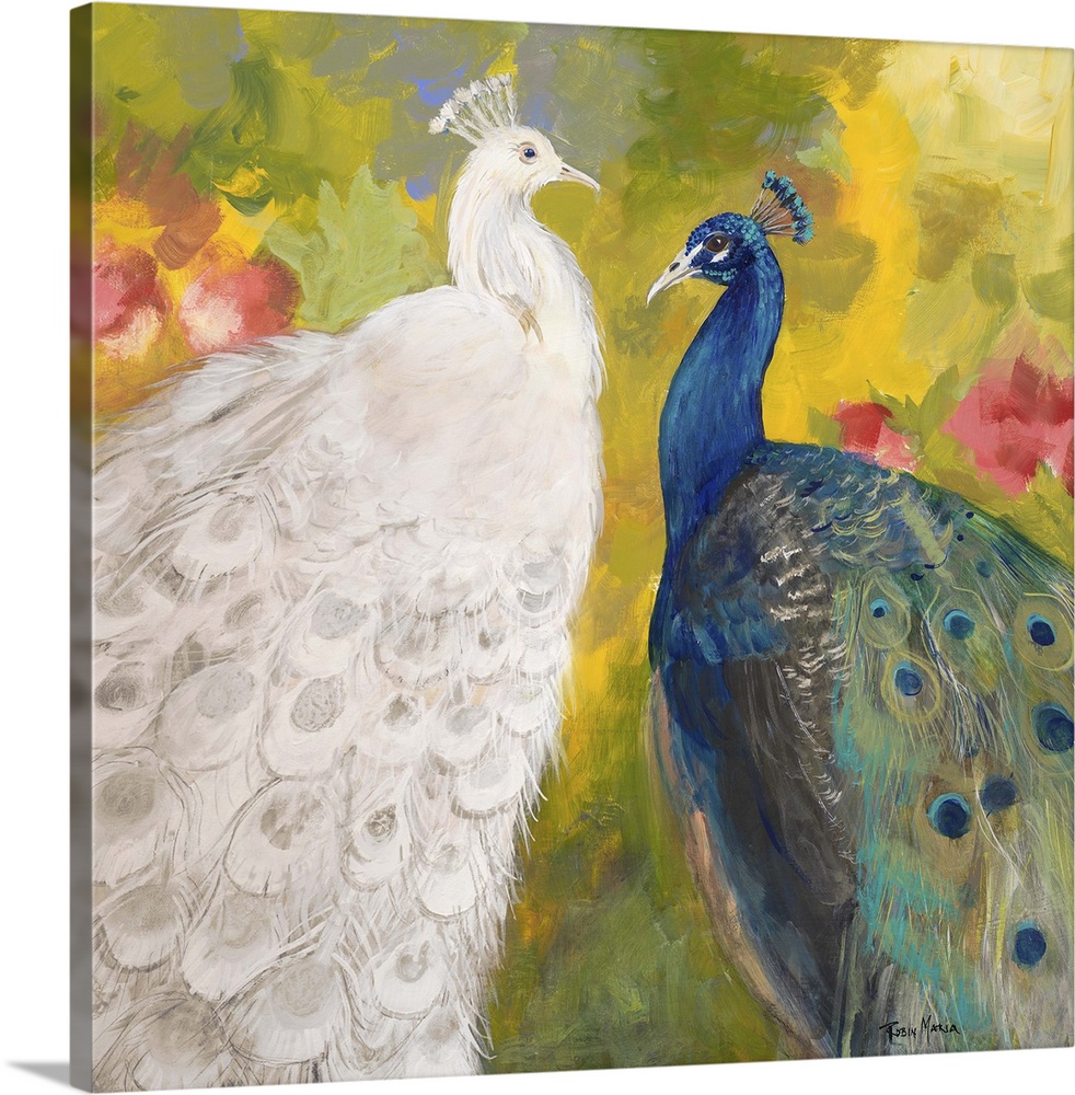 Contemporary painting of a white peacock next to a blue and green peacock.