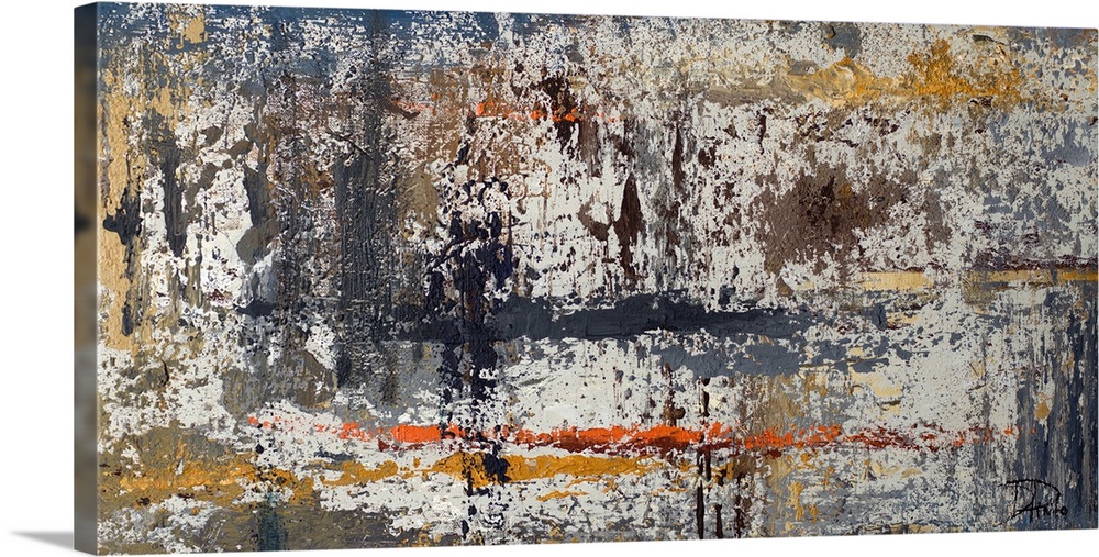 A dark abstract painting with a paint splatter texture and bright orange and yellow accent lines.