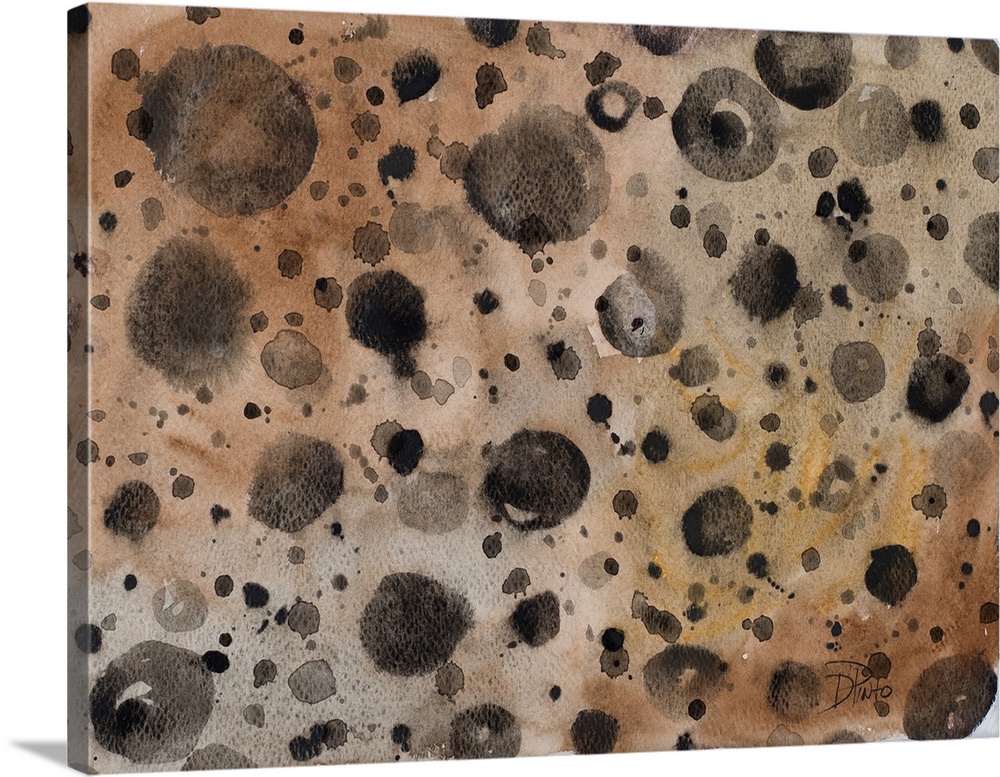 A patterned watercolor painting with black paint splatter on a brown background with hints of gold.