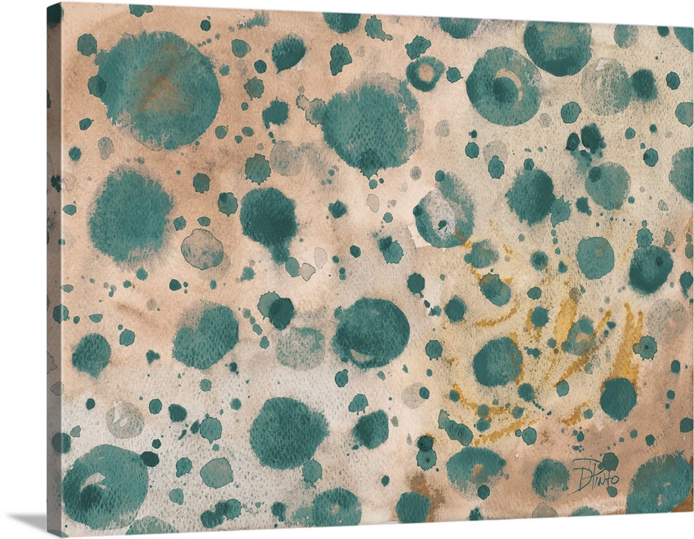 A patterned watercolor painting with turquoise paint splatter on a tan background with hints of gold.