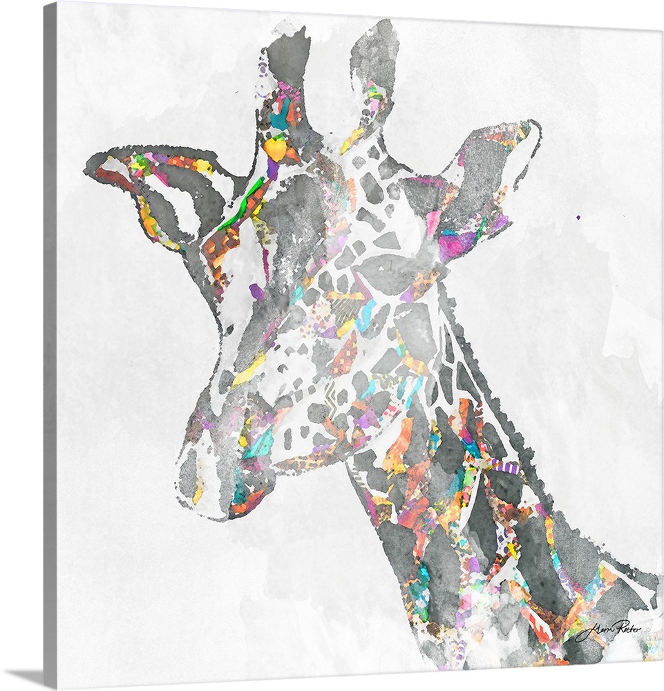 Portrait of a giraffe embellished with vivid colors.