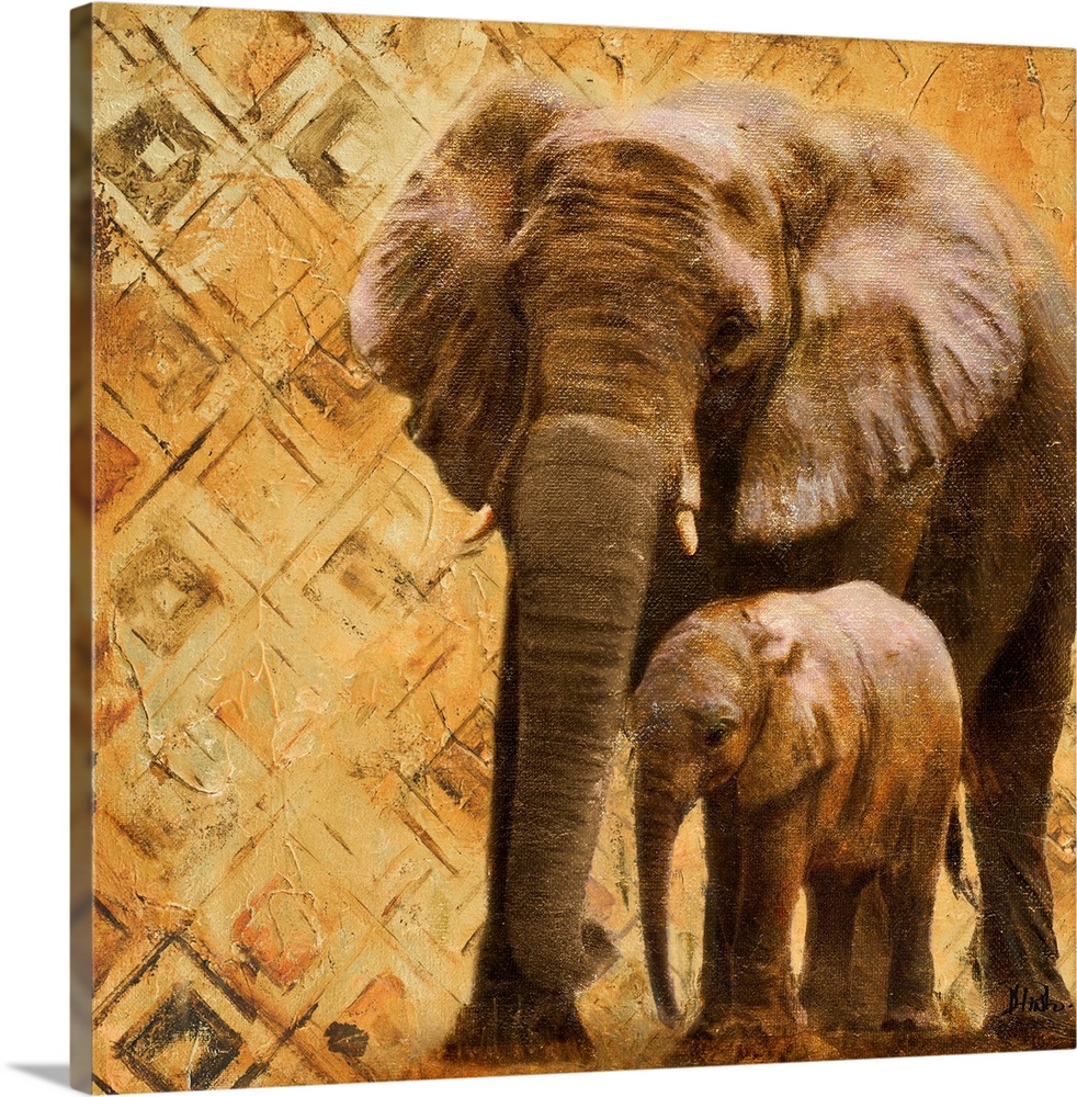A mother and baby elephant with a diamond patterned background.