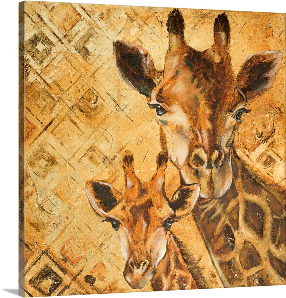 Painting of a giraffe and her baby on a diamond pattern.
