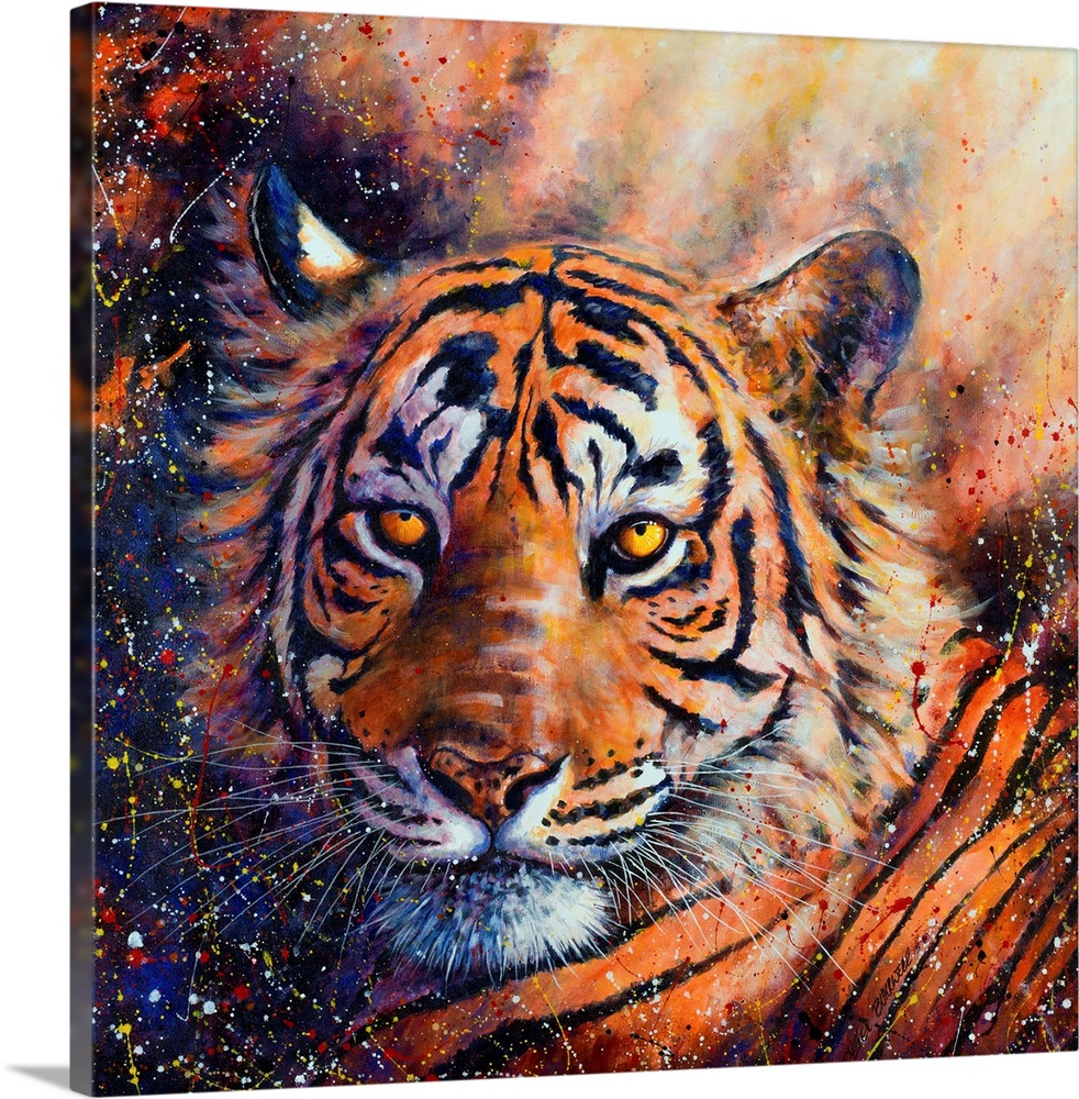 Contemporary artwork featuring a fierce tiger and paint splatters throughout.