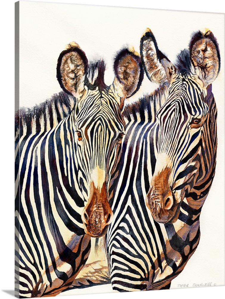 Contemporary artwork of two poised zebras.