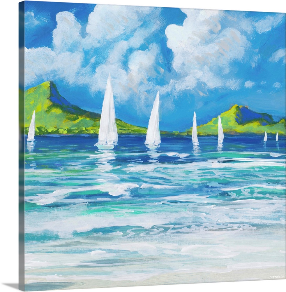 Contemporary painting of white sailboats on the ocean, seen from the shore.