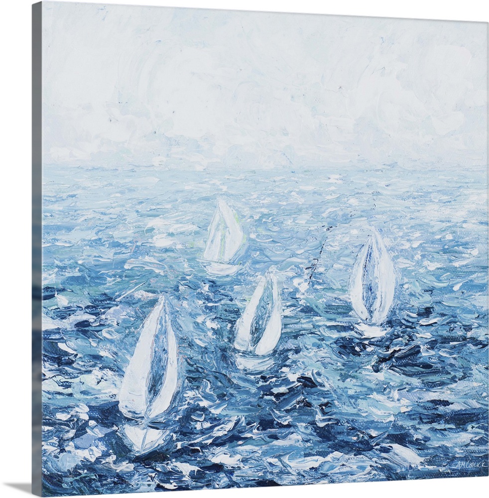 A cool toned contemporary abstract painting of four white sail boats on choppy ocean water.