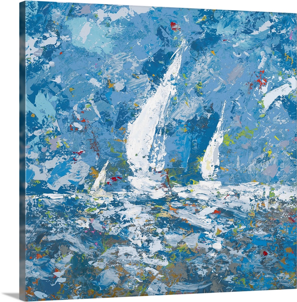 Square, giant abstract painting of three sailboats in the water, beneath a blue sky.  Painted with chaotic brushstrokes an...