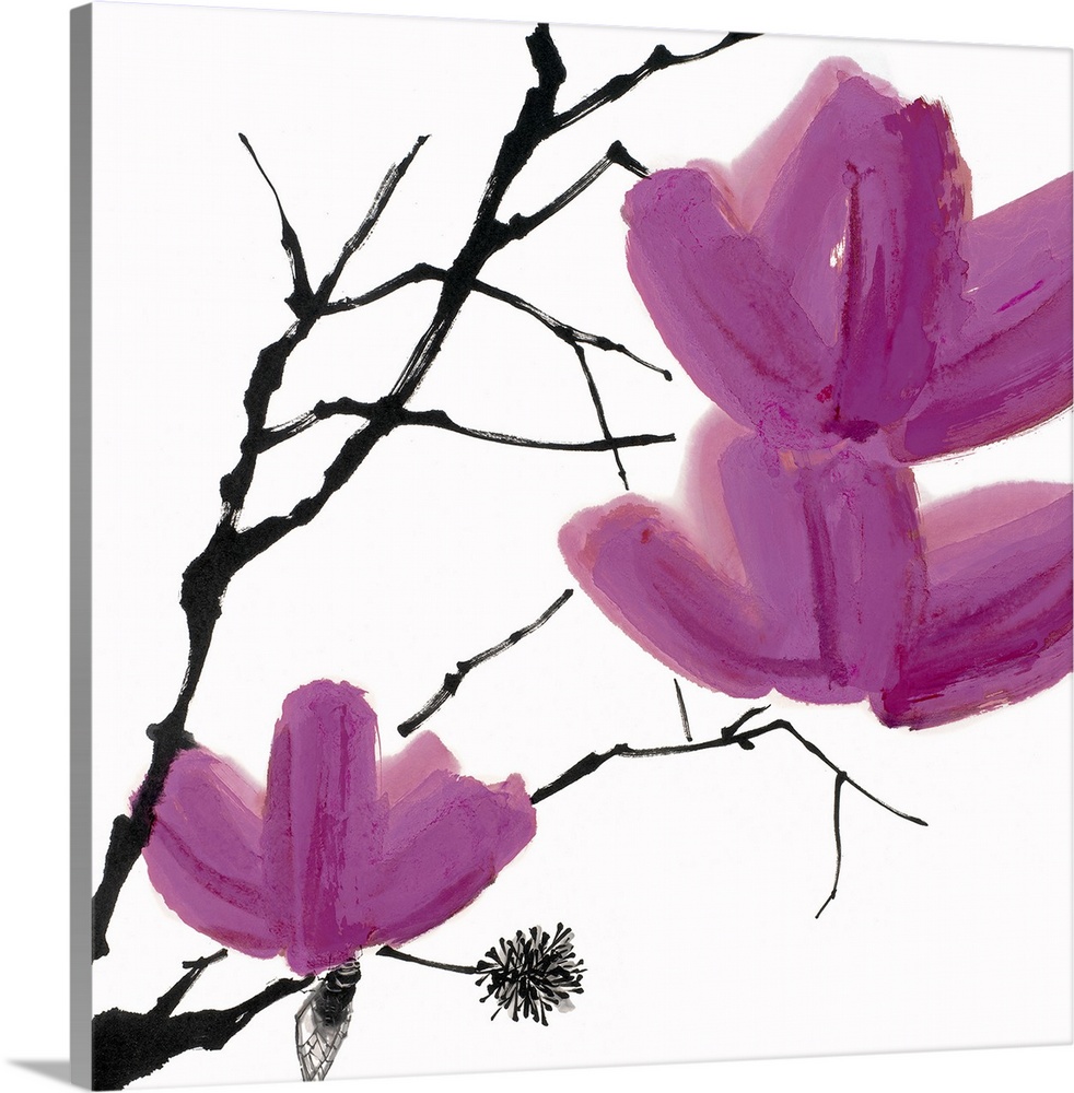 Up-close painting of three flower blossoms on a set of tree branches.