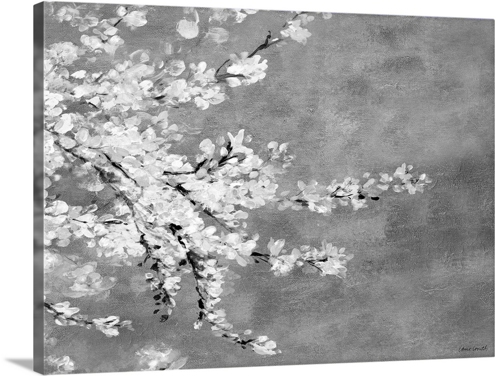 This contemporary artwork features white blossoms on branches over a mottled background.