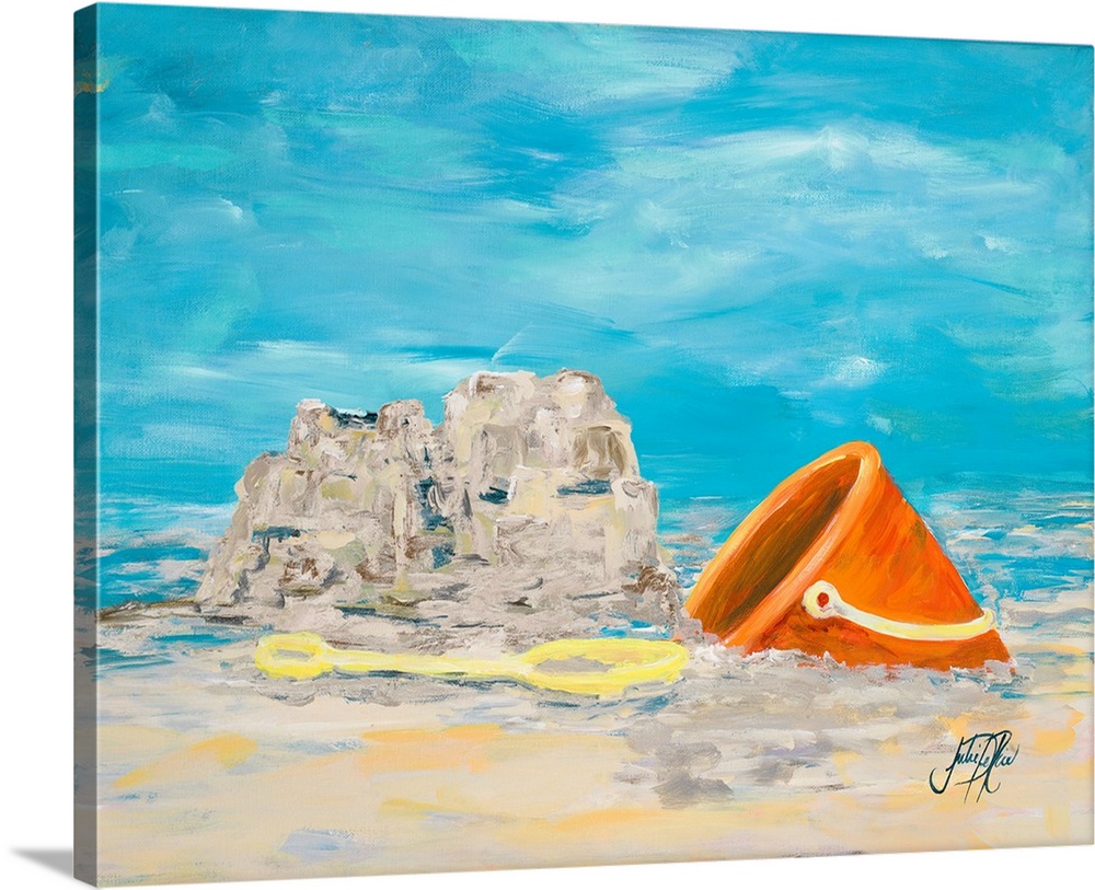 Painting of a shovel and pail in the sand next to a small sandcastle.