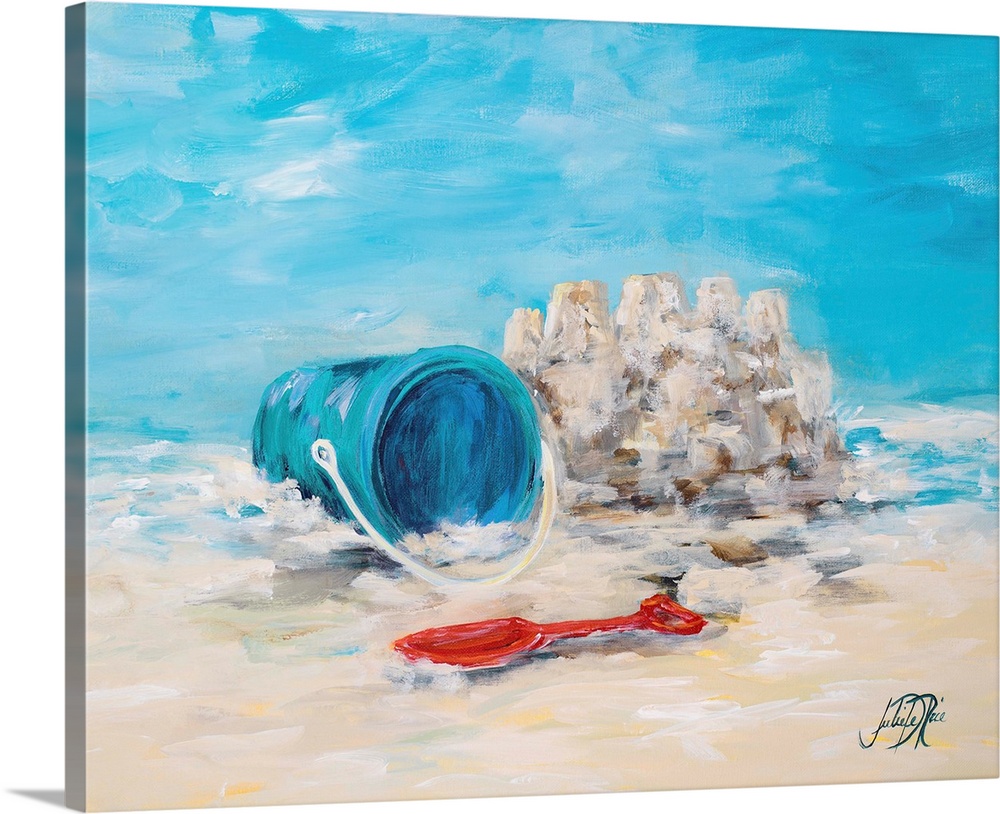 Painting of a shovel and pail in the sand next to a small sandcastle.