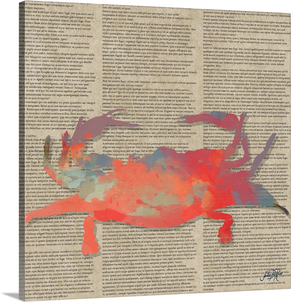 Painting of a red abstract crab on vintage newspaper.