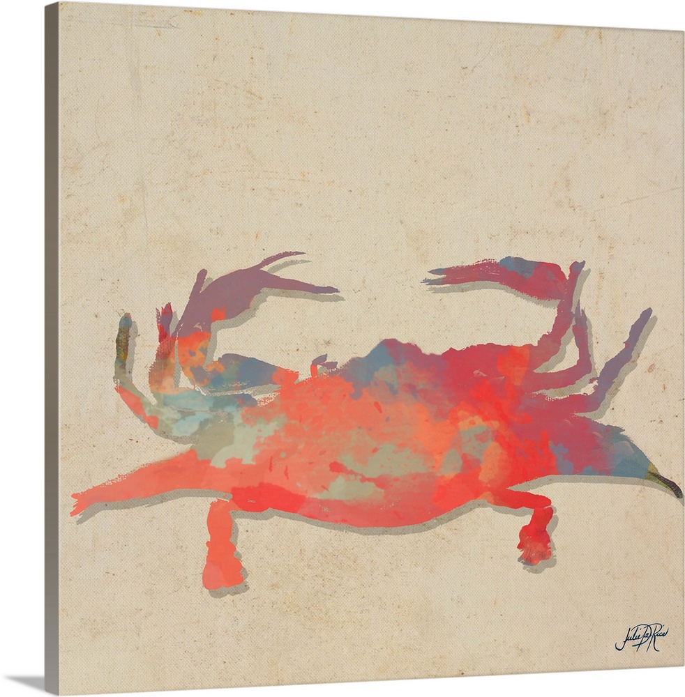 Painting of a red abstract crab on a beige background.