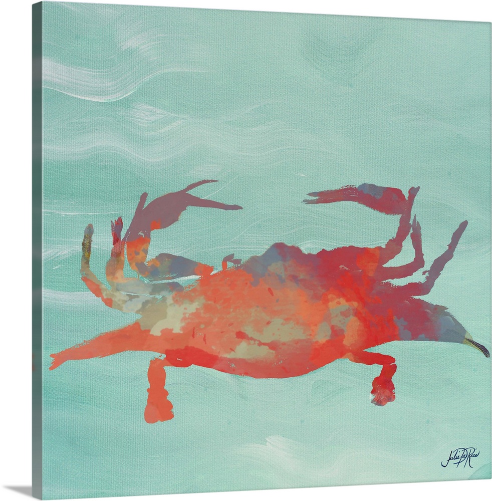 Painting of a red abstract crab on a teal background.