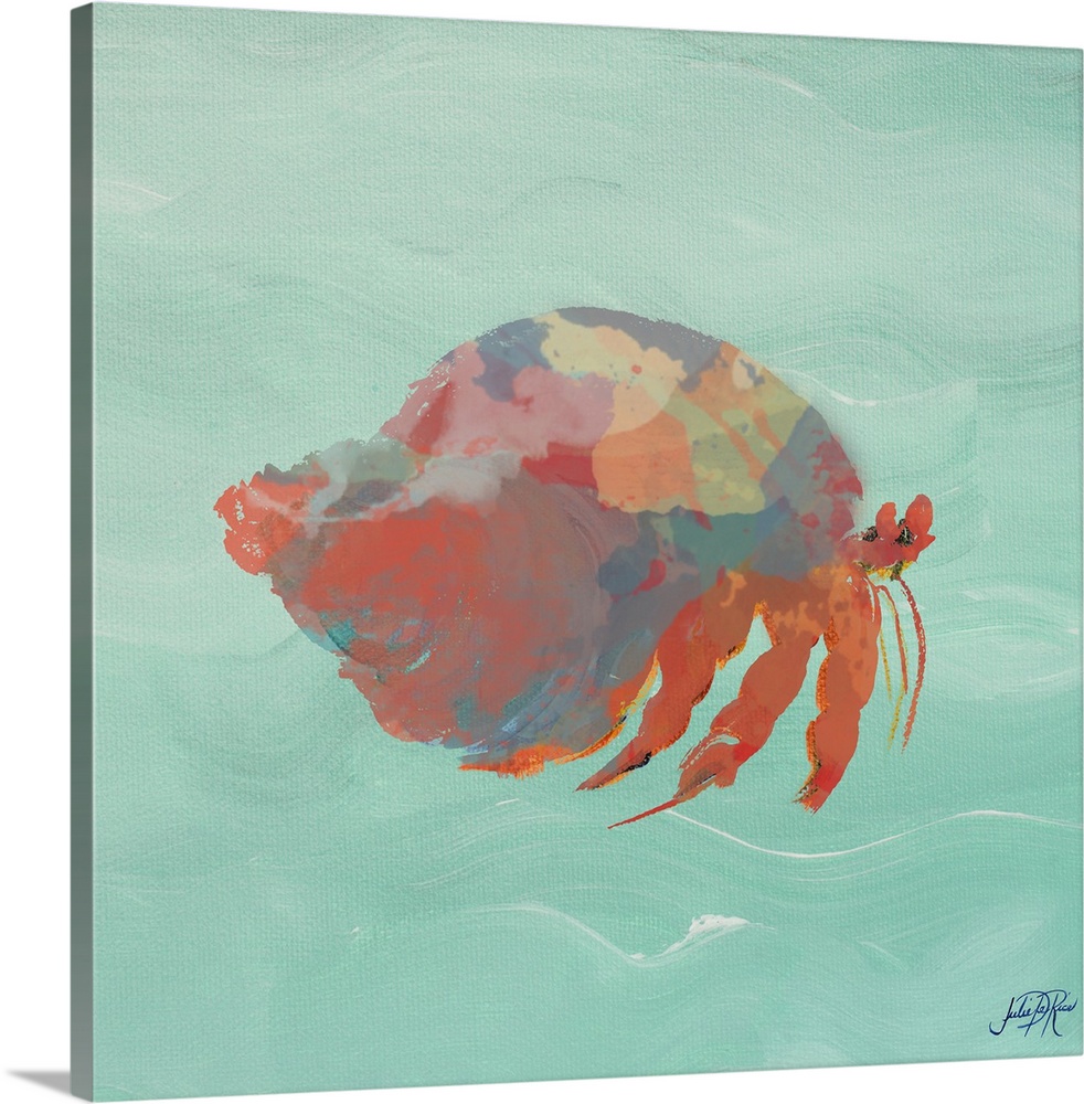 Painting of a red abstract hermit crab on a teal background.
