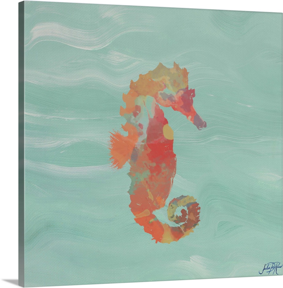 Painting of a red abstract seahorse on a teal background.