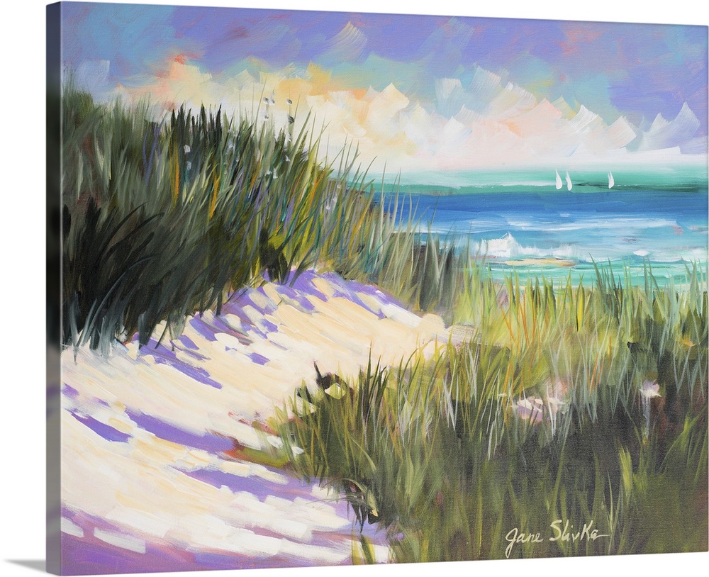 Contemporary painting of beach grasses in the dunes overlooking the ocean.