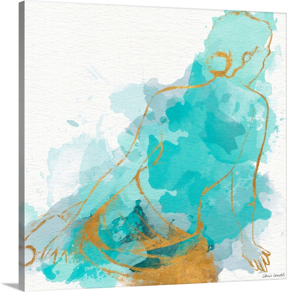 Drawing of a nude figure with blue and gold watercolor.