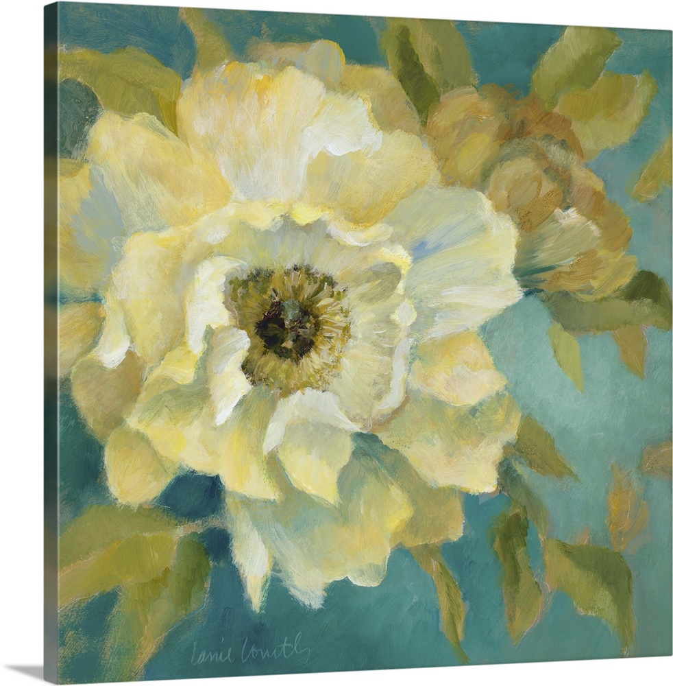 Soft brush strokes of white and yellow create a peony against a teal background.