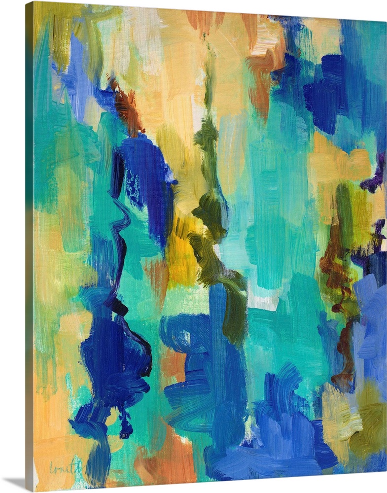 Vibrantly colored abstract artwork in shades of teal and gold.