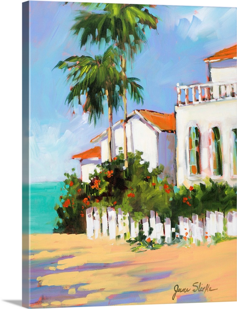 Contemporary painting of a shore house with palm trees overlooking the ocean.