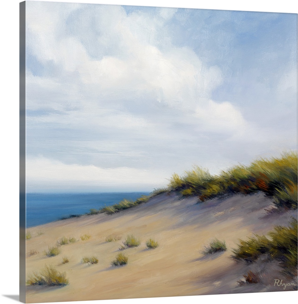 Grass on sand dunes is painted blowing in the wind with a slight view of the ocean under a very cloudy sky.