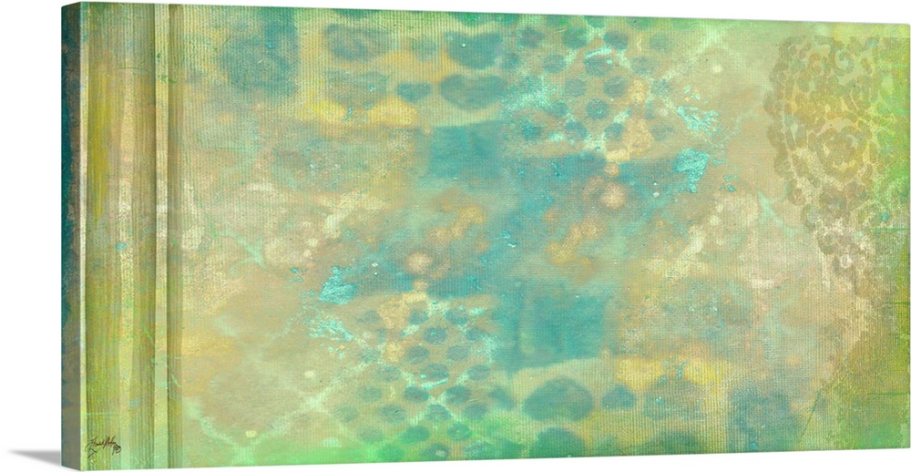 Wide watercolor painting with green, yellow, and blue hues creating random designs in the background.