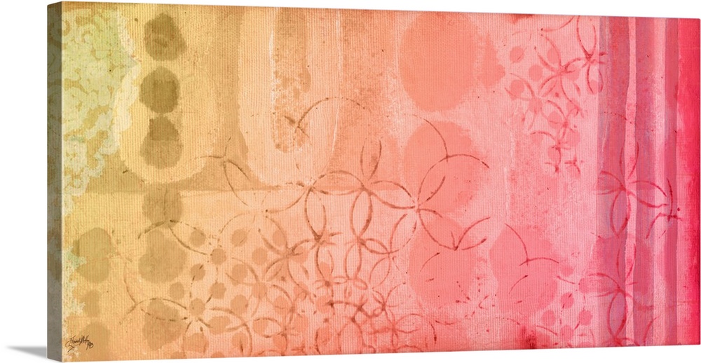Wide watercolor painting with yellow, orange, and pink hues with geometric designs in the background.