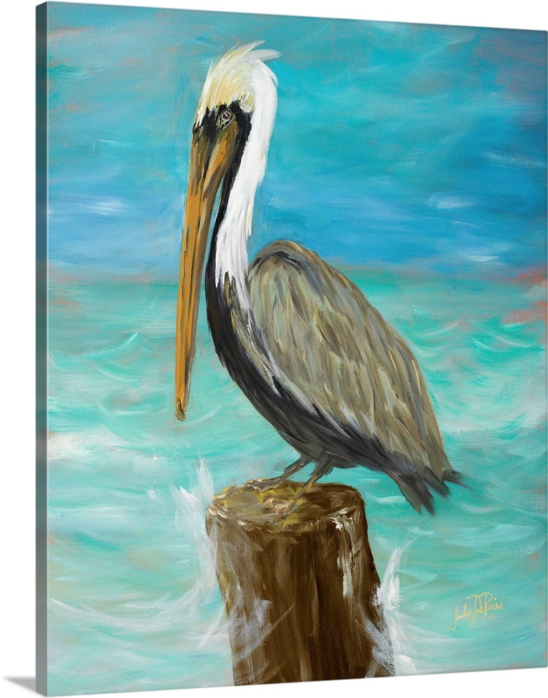 A contemporary painting of a pelican perched on a log in the middle of the ocean with waves crashing around it.