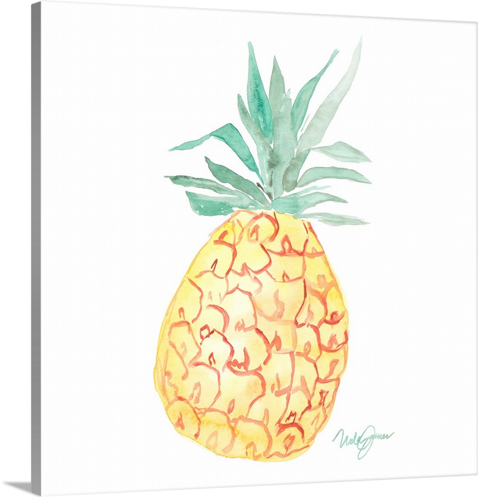 Square watercolor painting of a pineapple.