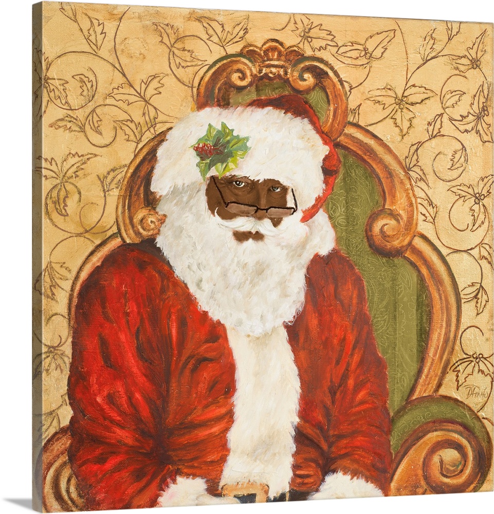 Portrait of Santa Claus seated on a decorative chair.