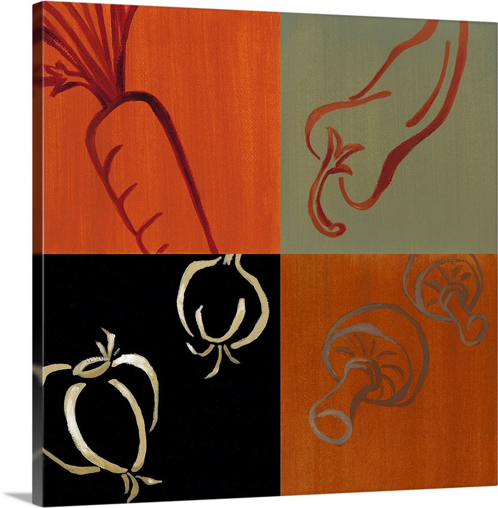 Acrylic painting divided into four equal sections, each featuring a carrot, red pepper, onion, and mushroom.