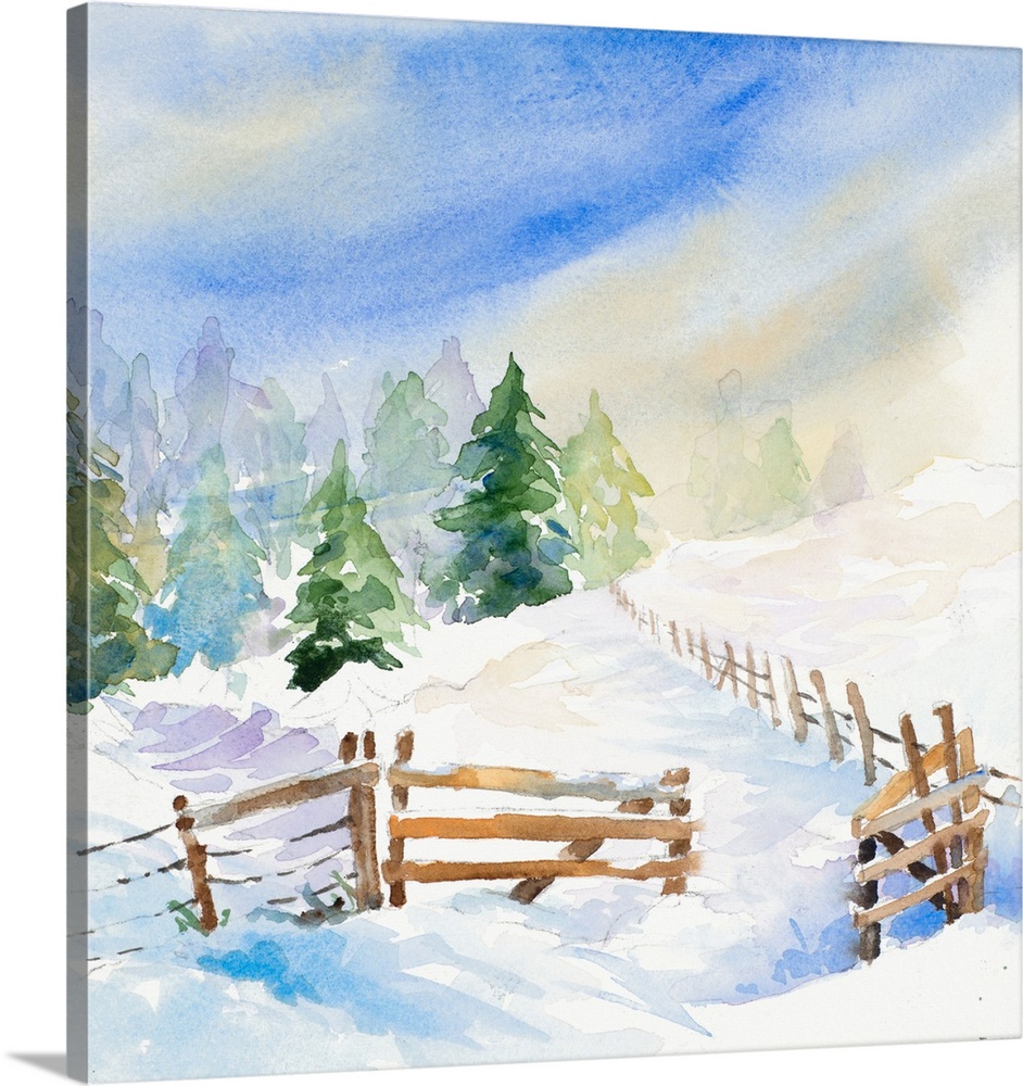 A watercolor winter scene featuring a rustic fence.