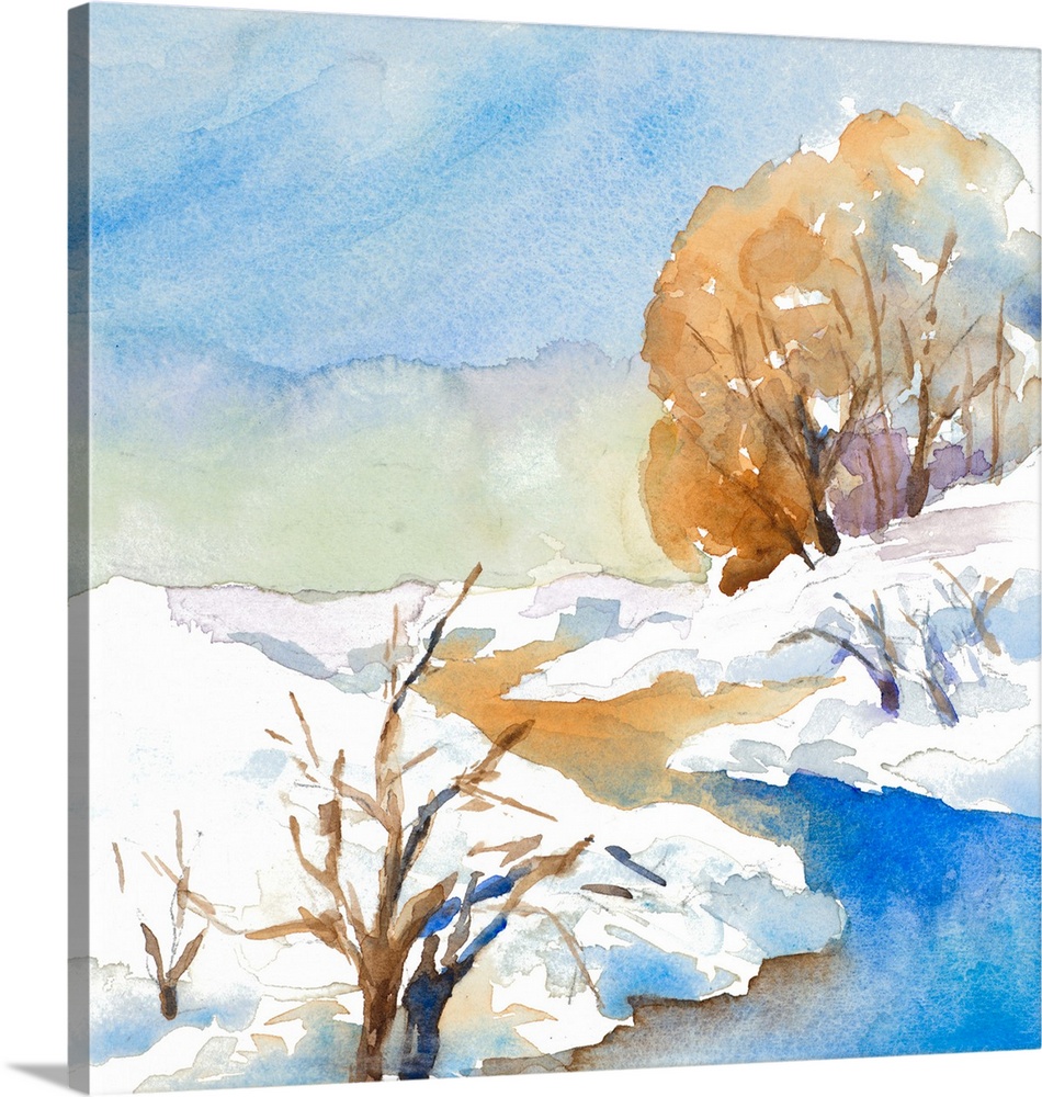 A watercolor winter scene featuring a calm creek.