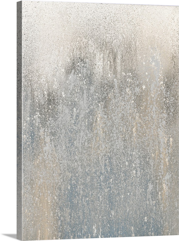 Contemporary abstract painting created with shades of tan and gray splattered all over the canvas with the splatter more d...