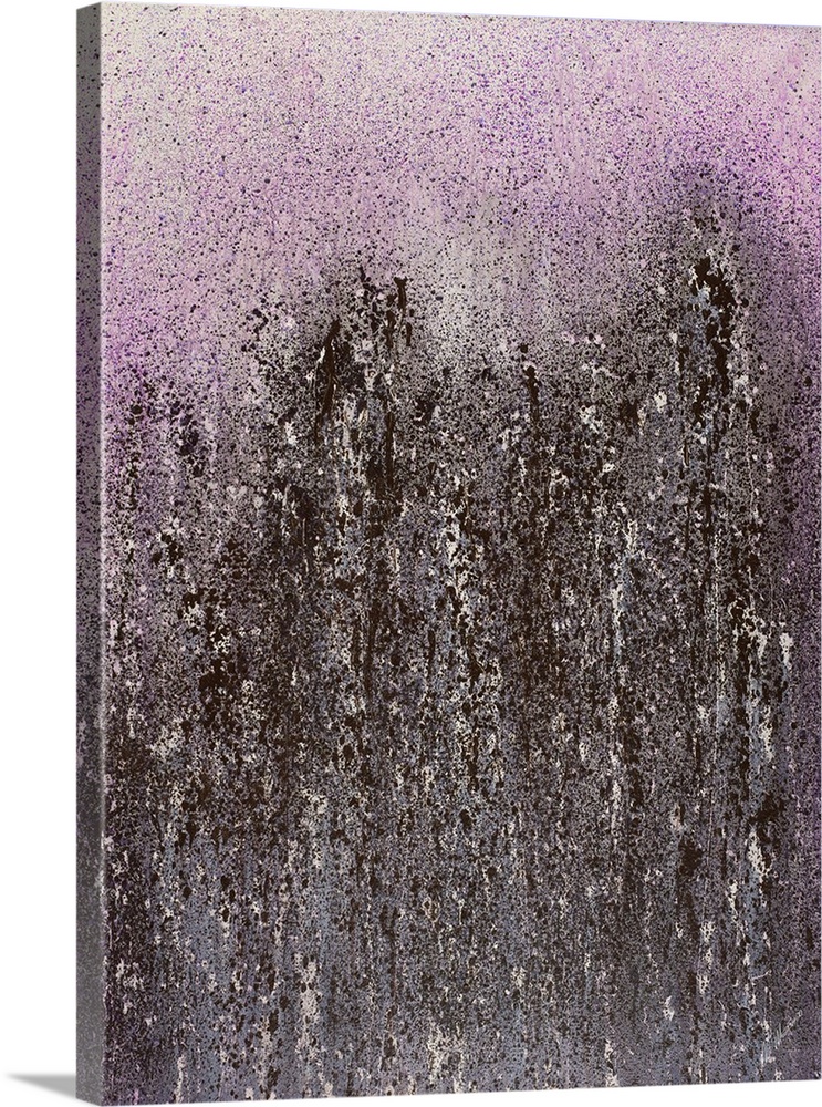 Contemporary abstract painting with purple and dark hues splattered lightly at the top and densely at the bottom.