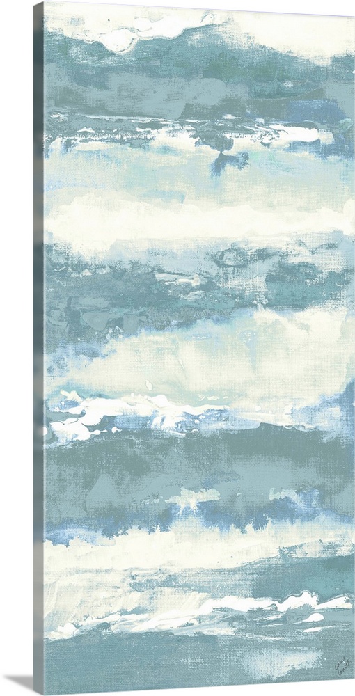 A contemporary abstract painting with sea blue and white colors creating horizontal layers.