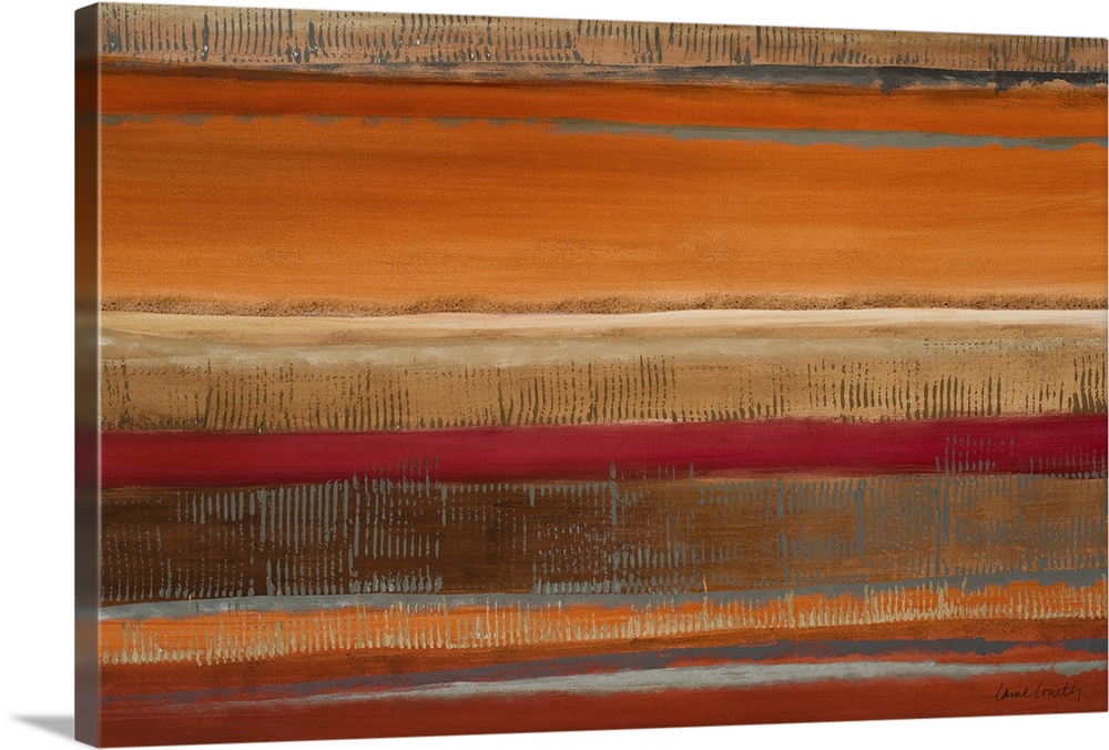 Piece of abstract artwork that has horizontal stripes across the print. Some are thicker while others are smaller and warm...