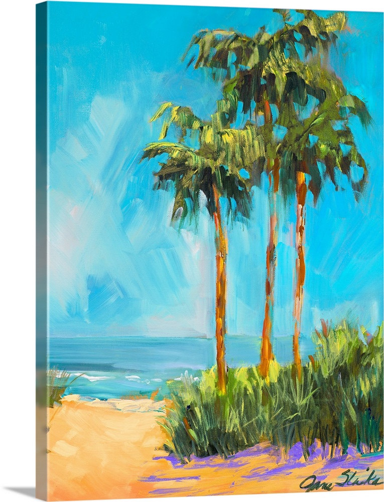 This vertical painting by a contemporary artist shows three palm trees growing next to a tropical beach.
