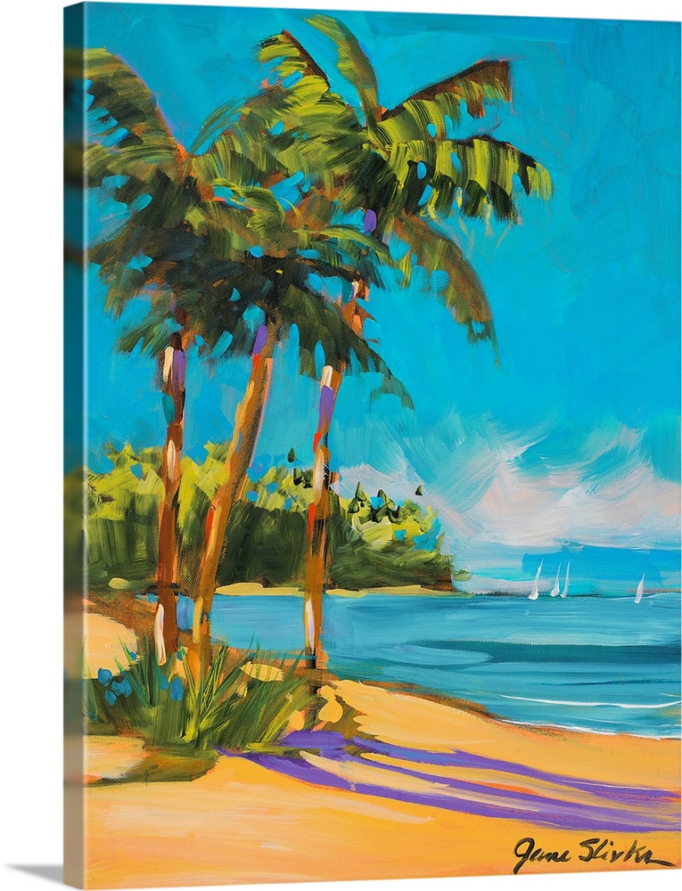 Big, vertical painting of three large palm trees swaying in the sun, over the beach, along the shoreline.  Several boats i...