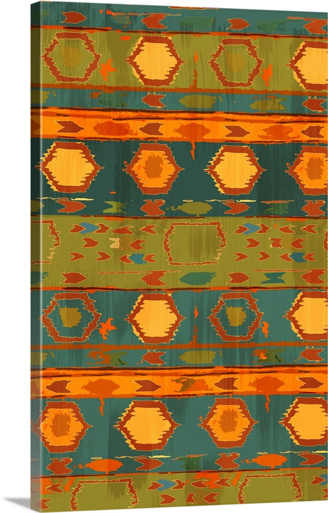 A southwestern style design that has different shades of blue, green, and orange.