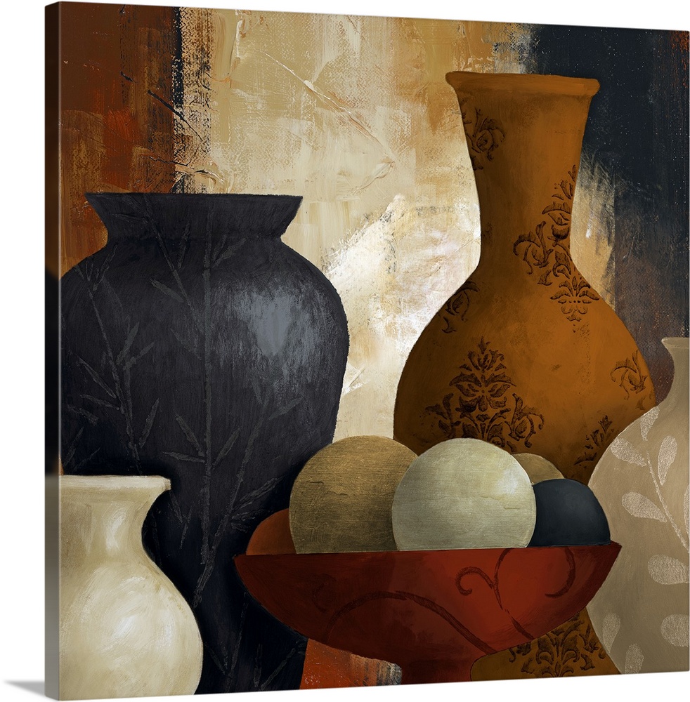 A piece of contemporary artwork that has multiple vases of different shapes and sizes with various designs and one holding...