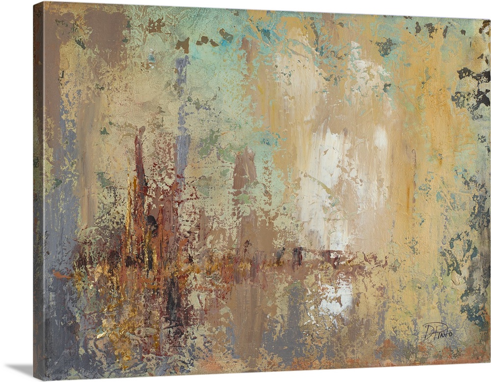A horizontal abstract painting with heavy textures and clusters of color.