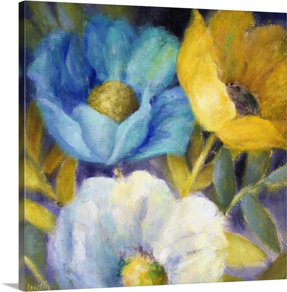 Contemporary artwork of three large flowers in blue, yellow, and white.