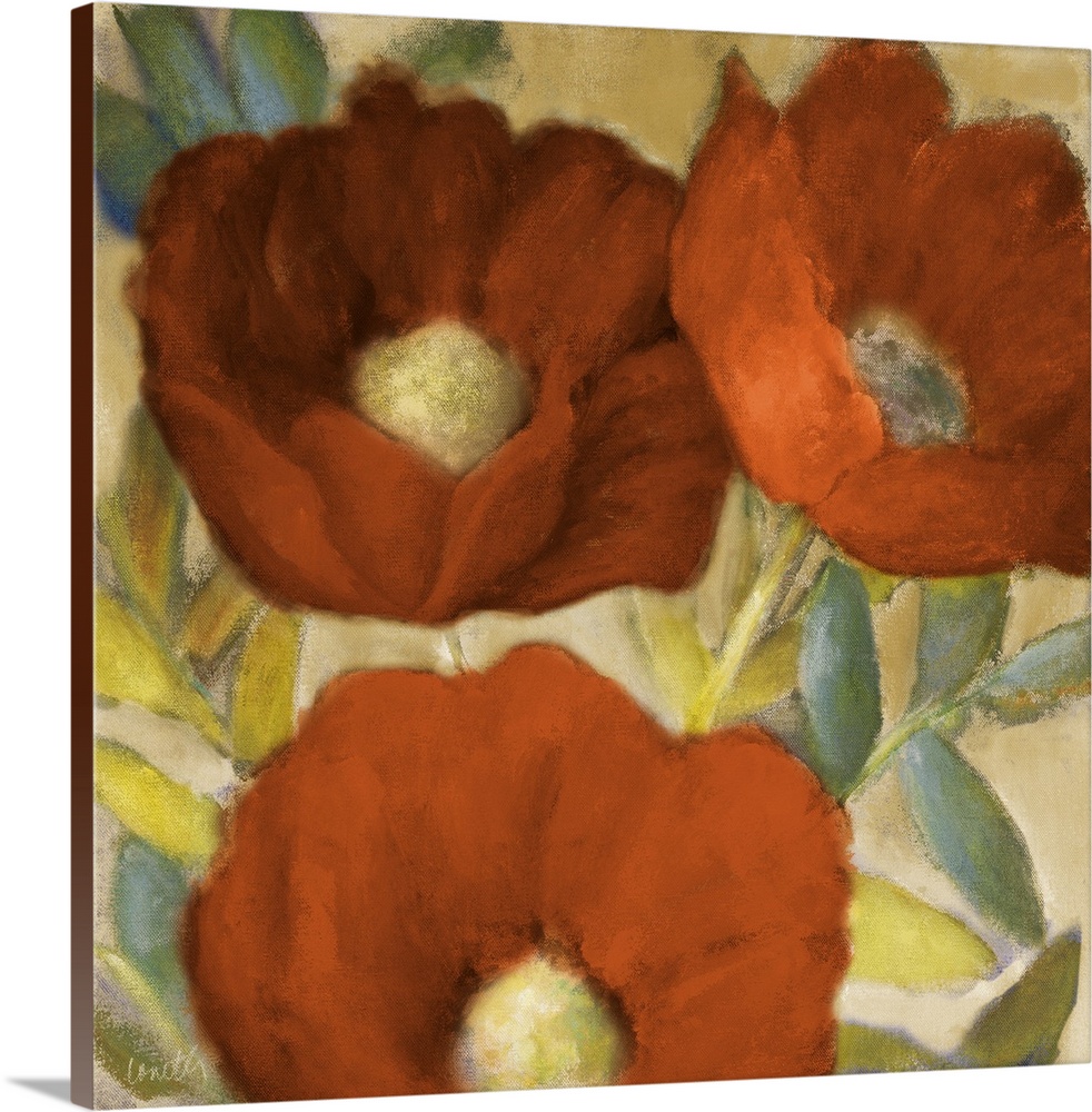 Contemporary artwork of three large flowers in red.