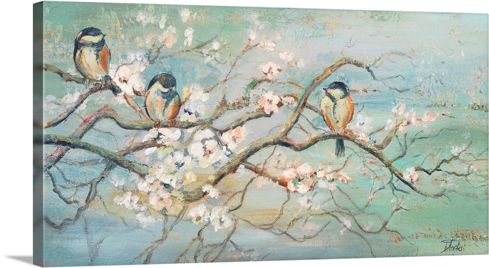Contemporary art of three Blue Tits on a flowering branch.