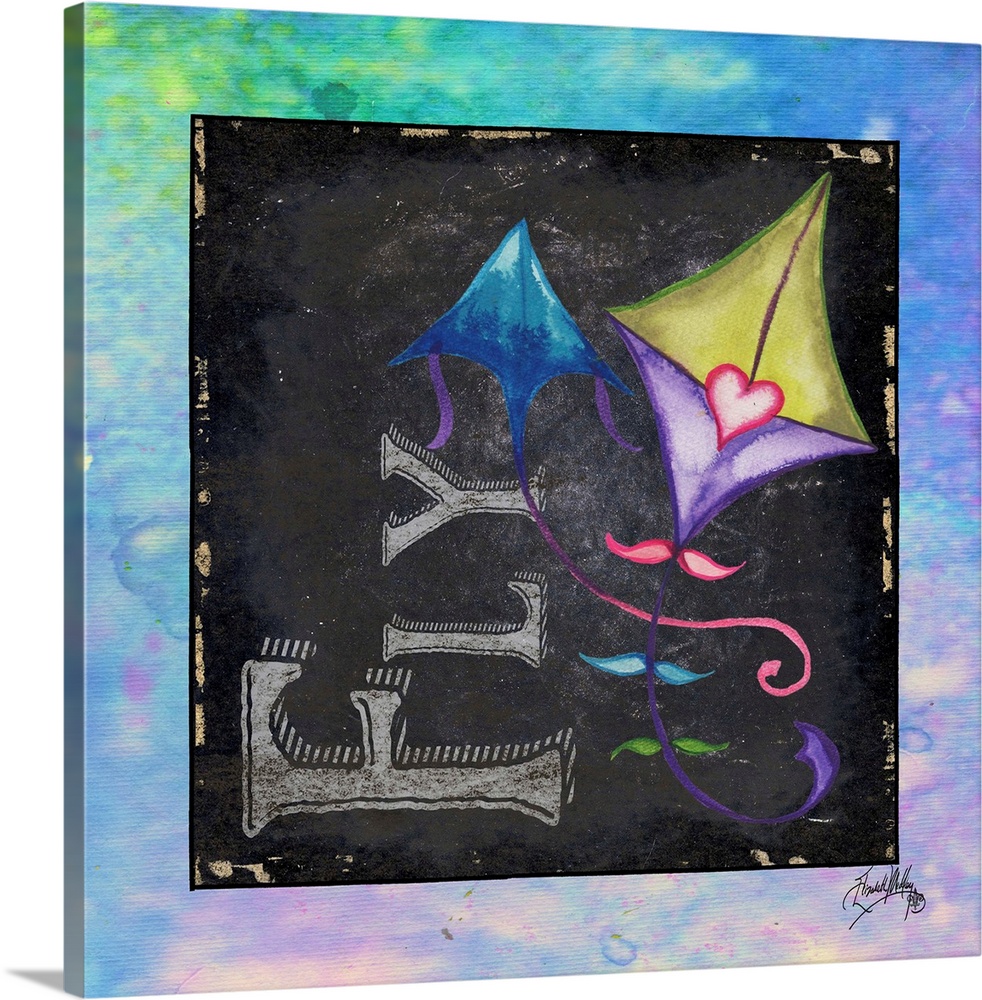 Square painting with a blue, green, and purple designed background and a black chalkboard square in the middle with the wo...